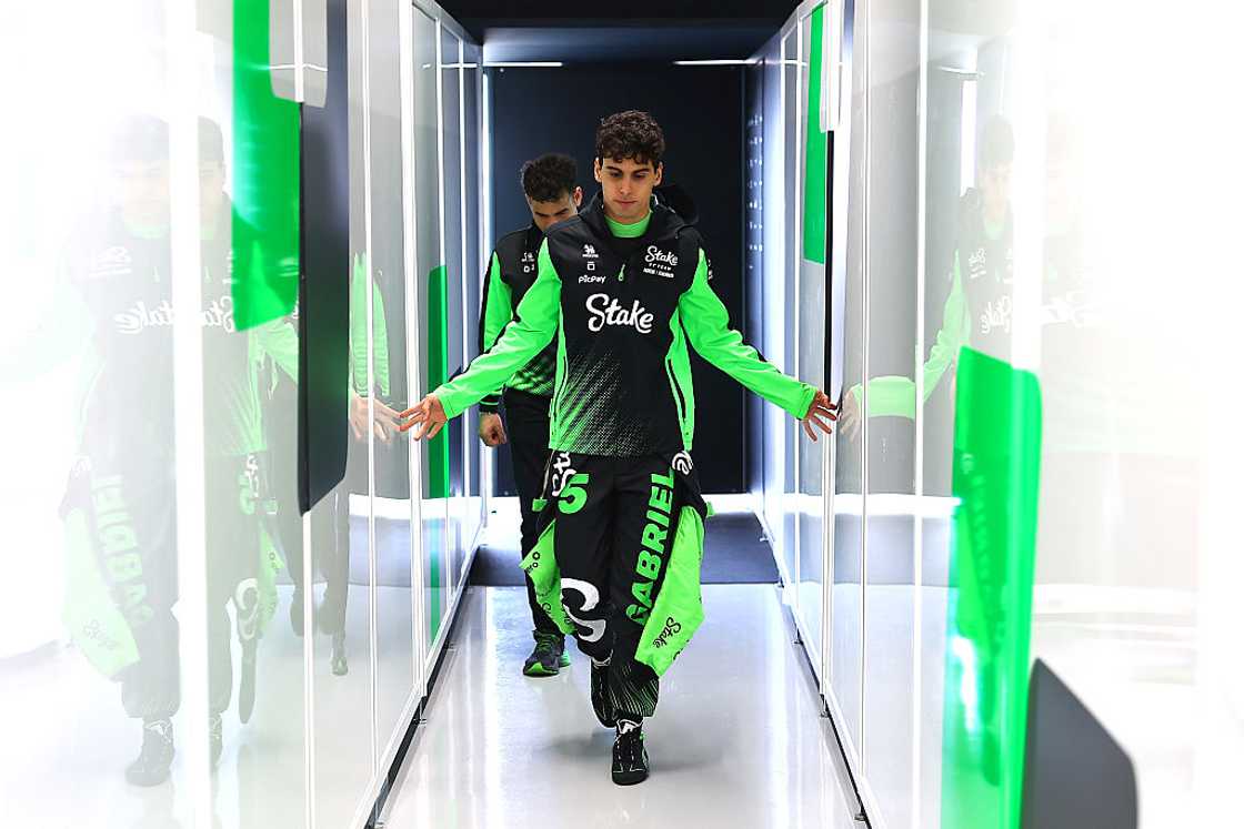 Gabriel Bortoleto of Brazil and Stake F1 Team Kick Sauber walks in the garage at Suzuka Circuit Gabriel Bortoleto of Brazil and Stake F1 Team Kick Sauber walks in the garage at Suzuka Circuit