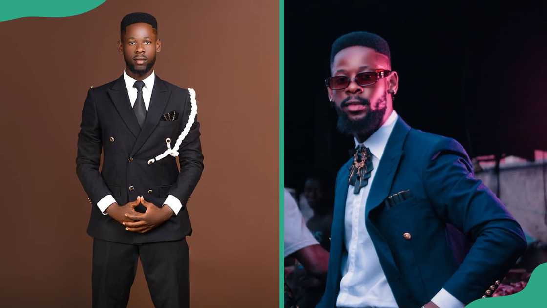Mensan poses in a black suit (L). The Big Brother Naija season 10 contestant looks during an event (R) Mensan poses in a black suit (L). The Big Brother Naija season 10 contestant looks during an event (R)