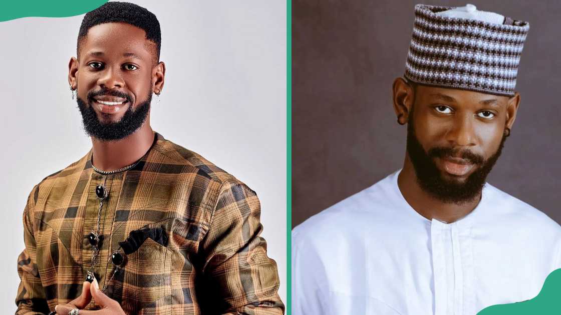 Mensan smiles as he takes a solo picture (L). The reality TV personality dressed in white attire (R) Mensan smiles as he takes a solo picture (L). The reality TV personality dressed in white attire (R)